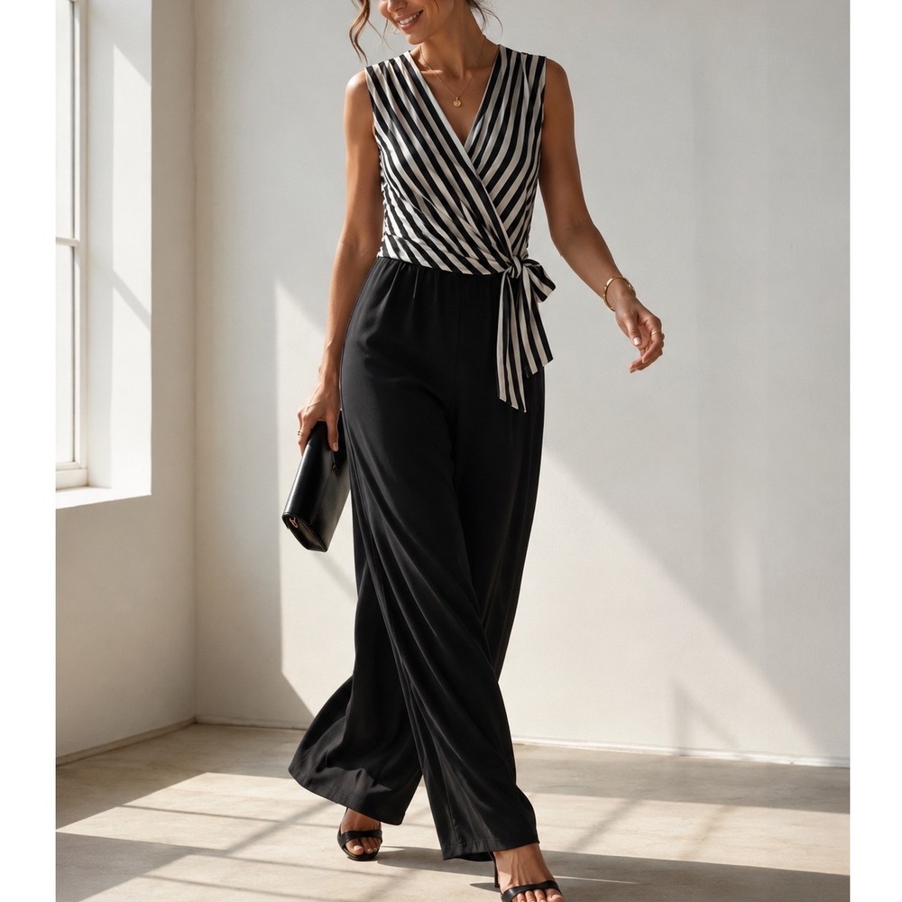 Tiana B Jumpsuit Womens Medium Black White Good Striped Surplice Wide Leg‎